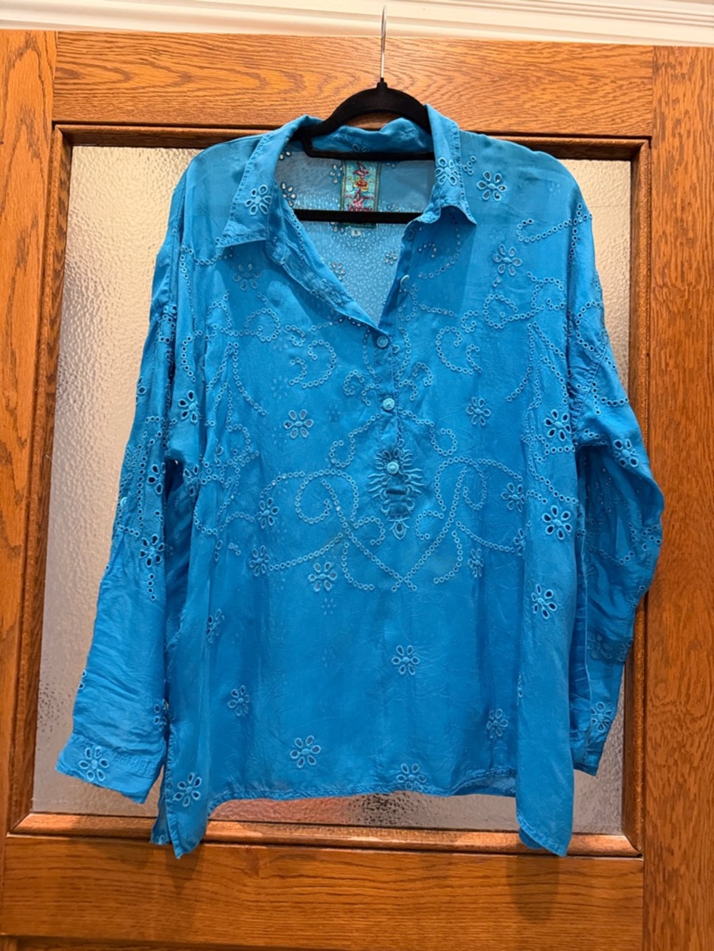 Johnny Was Embroidered Button-Front Women's Top — Turquoise Blue
